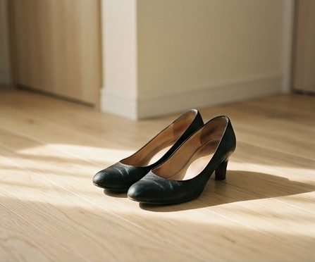 床に置かれた黒いパンプスの写真