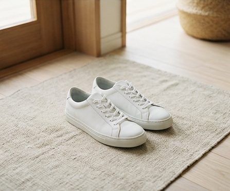 マットの上にそろえて置かれた白いトレーニングシューズの写真