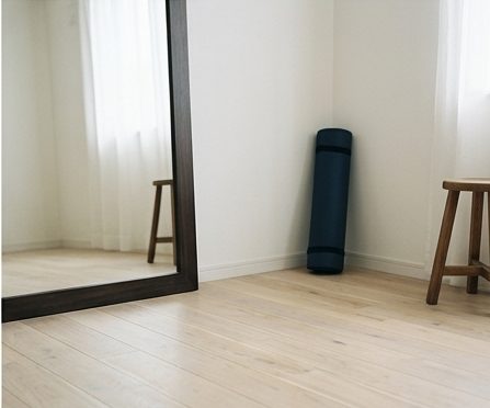 人のいないトレーニングスペースの床と鏡、丸めたマットの写真